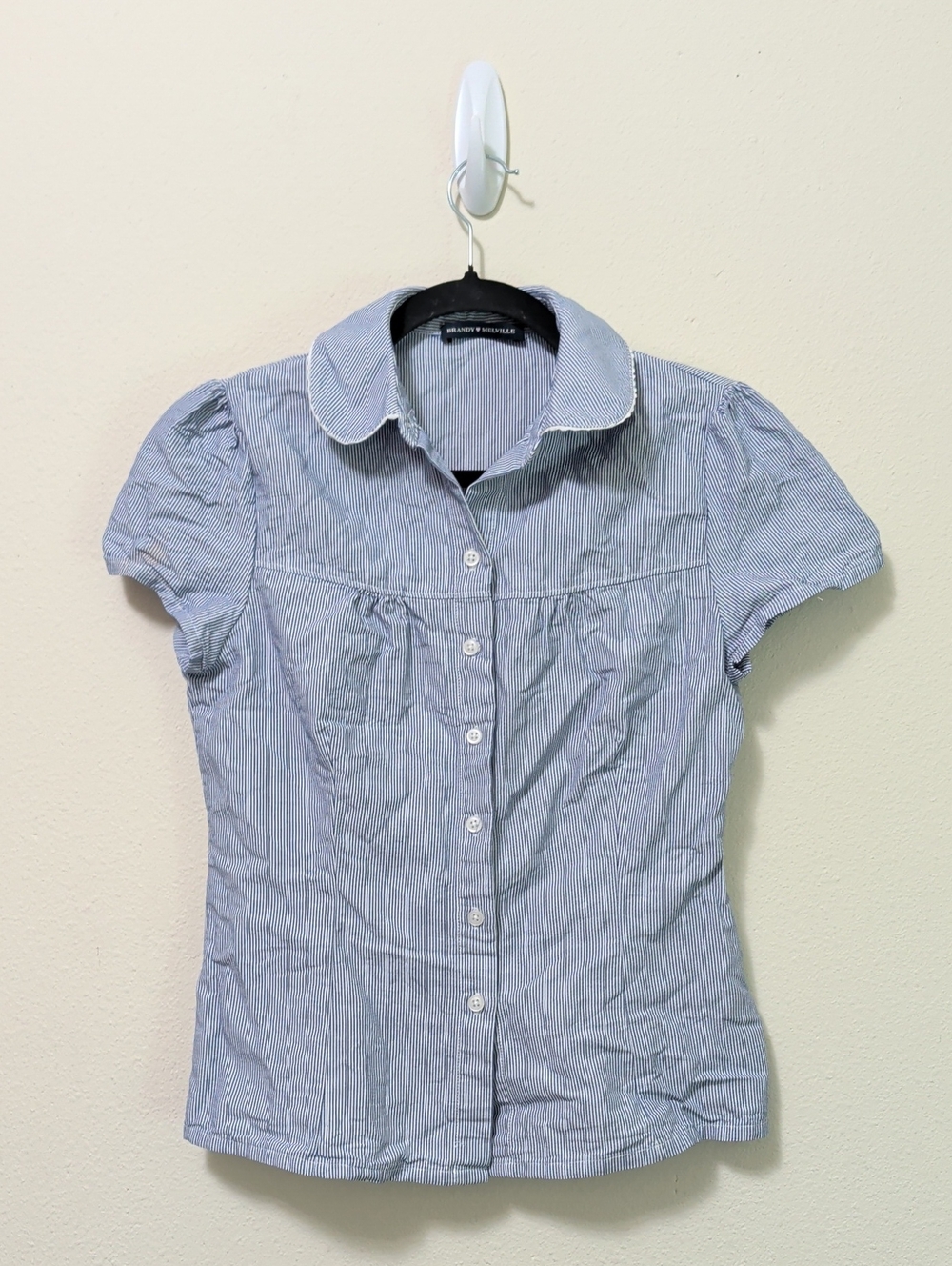 Brandy Melville Blue and White Pinstripe Puff-Sleeve Button Down Shirt